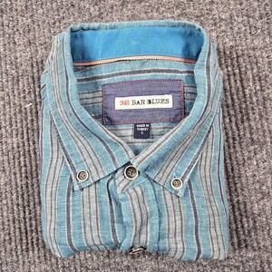 32 Bar Blues Shirt Mens Large Blue Striped 100% Linen Short Sleeve Button Front‎